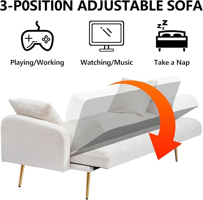 Comfy Futon Sofa Bed with 2 Pillows White Futon Couch Bed with Gold Legs Small Convertible Sofa Bed Couch for Living Room Modern Loveseat for Bedroom Curved Arms Plush Tufted-ShapedTeddy (Beige)