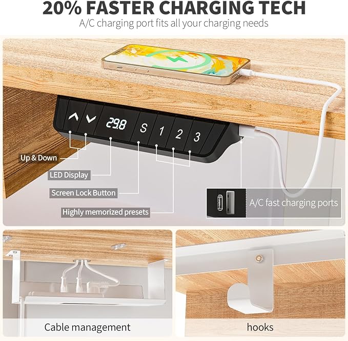 Kingant 55 x 30 Inch Electric Standing Desk with 4 Drawers Adjustable Height Computer Desk for Home Office Large Workstation Sit Stand Up Desk with Built-in USB A/C Charging Ports Nature