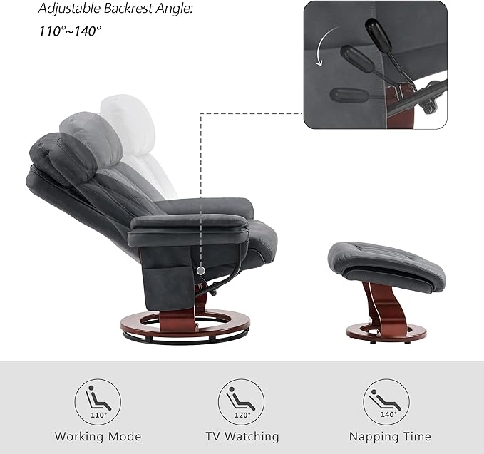 MCombo Swivel Recliner with Ottoman Chenille Fabric TV Chair with Vibration Massage Ideal for RV Small Space Living Room &amp Bedroom 4999 (Faux Leather Dark Grey)