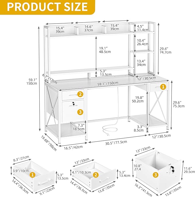 DWVO Computer Desk with Drawers &amp Hutch 59.1 Office Desk with Power Outlets &amp LED Lights Home Office Desk with Storage Shelves White