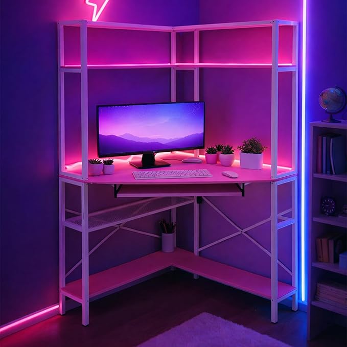 Corner Computer Desk with Power Outlets - 29.5x29.5x60in Gaming Desk with LED Light Strip &amp Storage Shelves for Home Office and Small Space