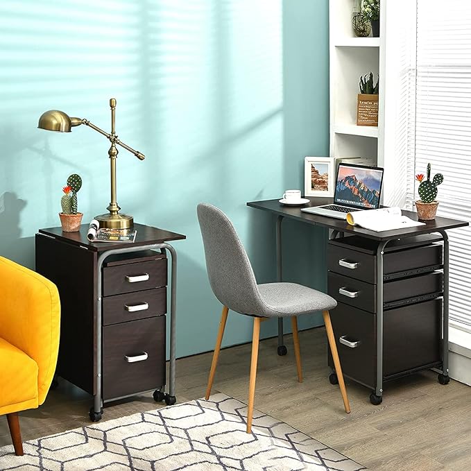 GRAFFY Computer Desk Small Laptop Work Desk w/Folding Table top &amp 3 Storage Drawers Collapsible Desk w/6 Wheels Writing Workstation Laptop Table for Home Office Brown (Brown)