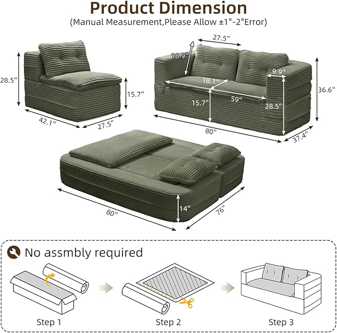 Convertible Sleeper Sofa Bed with Chaise Lounge Set80 King Folding Mattress Cloud Floor Loveseat CouchCorduroy Boneless Sectional Couch for Living Room Bedroom ApartmentGreen