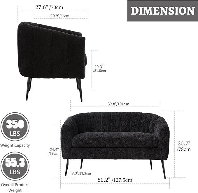 50.2 Small Loveseat Sofa 2-Seater Modern Chenille Couch with Gold Metal Legs &amp Floral Backrest Compact Apartment Sofa for Living Room Bedroom Office Dorm (Chenille Black(50.2''))
