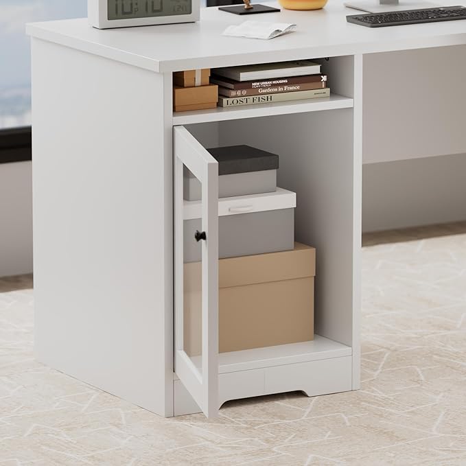 MU L Shaped Desk with File Drawer 60 Inch Corner Desk with Storage Drawers &amp Cabinet Large Home Office Table with Power Outlets Wood Executive Office Desk White