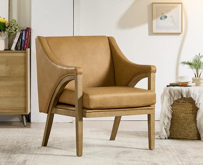 EALSON Modern Accent Chair Comfy Leather Living Room Chair with Wooden Frame and Armrest Mid Century Upholstered Reading Lounge Armchair for Living Room/Bedroom/Reading/Balcony Brown
