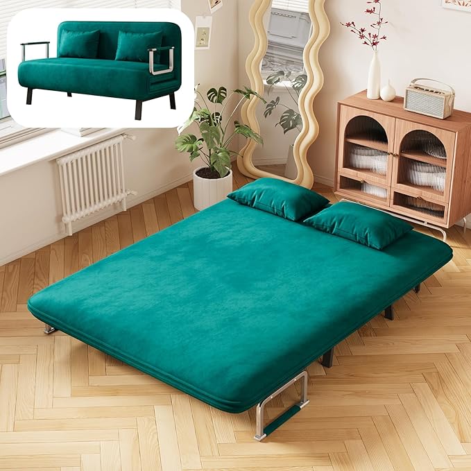 Convertible Sofa Bed Full Size Velvet Tri-Fold Sofa Bed with 6-Position Adjustable Backrest Multi-Functional Folding Chaise Lounge Couch for Home Office 55 W x 74.8 L Antique Green