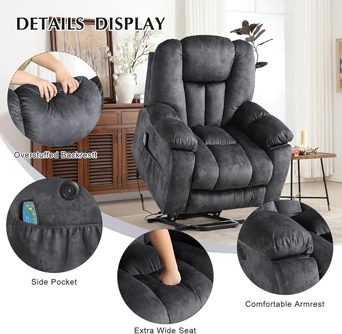 CANMOV Large Power Lift Recliner Chair with Massage Heat and USB for Elderly Overstuffed Wide Recliners Heavy Duty and Safety Motion Reclining Mechanism Gray