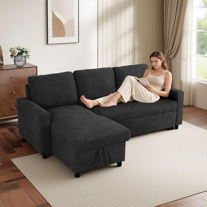 L-Shaped Sleeper Sofa with Chaise Lounge &amp Storage Pull-Out Couch Bed with Recliner Full Size Futon for Living Room Office Apartment Black