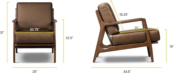Poly &amp BARK Verity Leather Accent Chair – Armchair with Walnut Wood Frame – Fashion-Forward Lounge Seating for Living Room – Upholstered in Cocoa Brown Leather for Modern Style