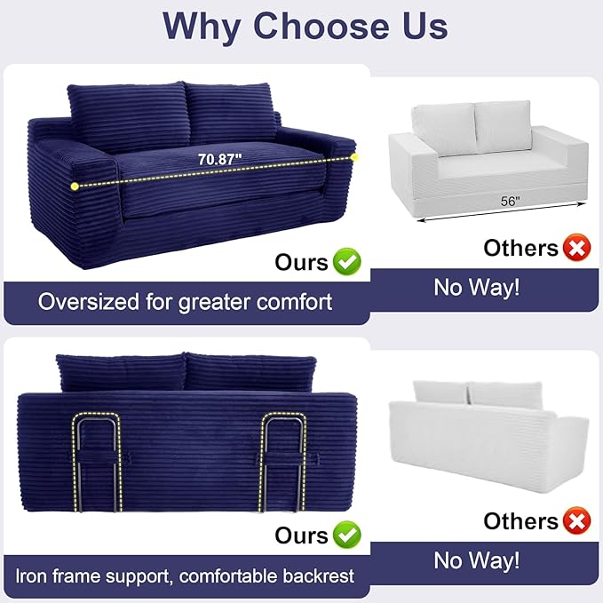 GNIXUU Corduroy Cloud Loveseat Sofa 2 in 1 Convertible Sleeper Sofa with Fixed-Shape Frame Comfy Folding Boneless Love Seat Couches for Living Room Apartment Small Spaces Blue