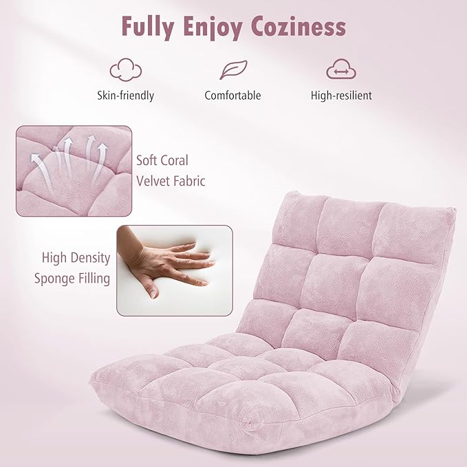 Moccha 14-Position Floor Sofa Folding Sofa Chair with Back Support Memory Foam Floor Gaming Chairs for Adults Adjustable Padded Couch Recliner Chaise Lounge for Reading Meditating (Light Pink)