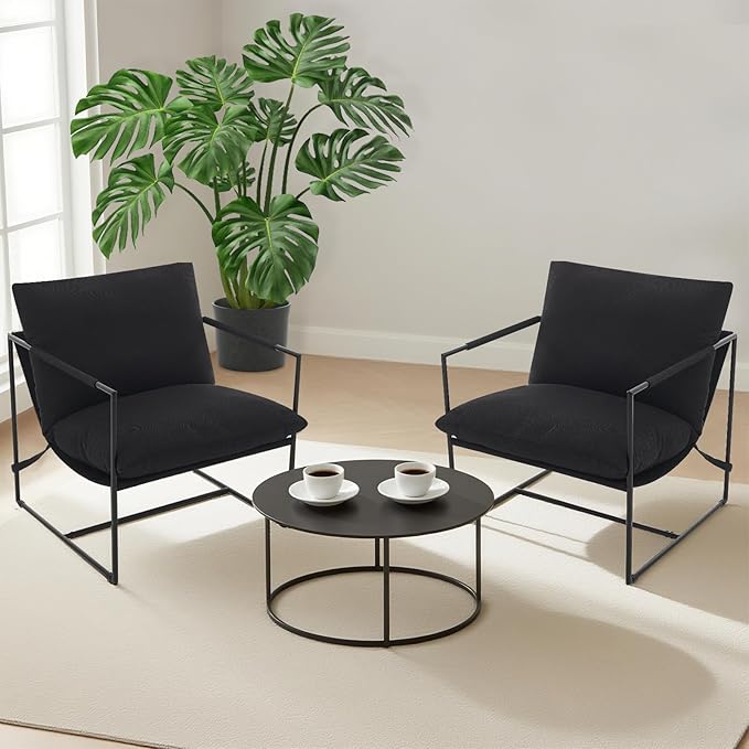 Sling Accent Chair for Living Room Modern Metal Framed Cozy Armchair Upholstered Living Room Chairs with Shredded Foam Cushioning Lounge Chair for Bedroom Living Room Reading Room Black