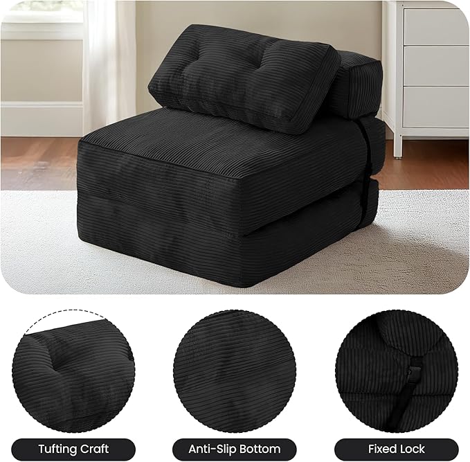tantohom Folding Sofa Bed Convertible Sleeper Chair with Pillow Foldable Mattress with Back SupportSpace-Saving Sofa for Living RoomBedroom (Black)
