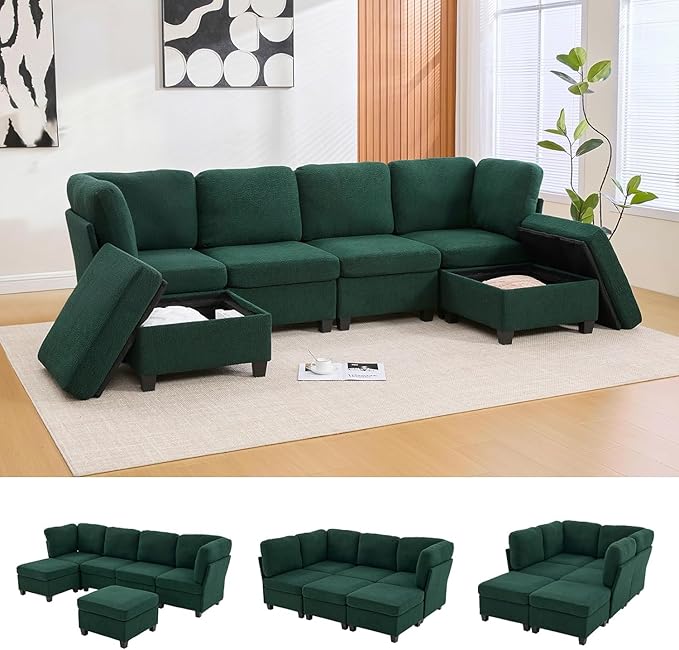 113 U Shaped Modular Sectional Sofa Couch with Storage Ottoman 6 Seat Convertible Upholstered Deep Seat Sleeper Sofa with Chaise Lounge Cloud Couch for Living Room Emerald Green