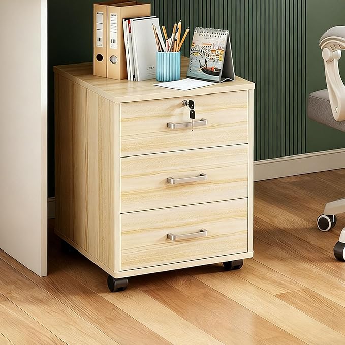 23.2 H Mobile File Cabinet with 3 Storage Drawers Under Desk Rolling File Cabinets for Home Office Storage Wood Rustic Filing Cabinets Narrow File Cabinet Cart Locked(Light Wood)