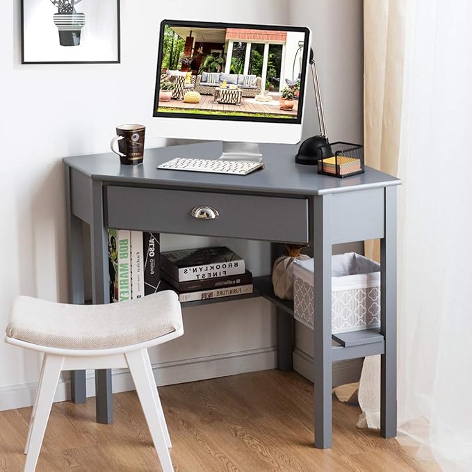 RELAX4LIFE Corner Computer Desk Triangle with Drawer and Shelves Stable Laptop PC Table Home Office Writing Desk Study Workstation Desk (Gray)