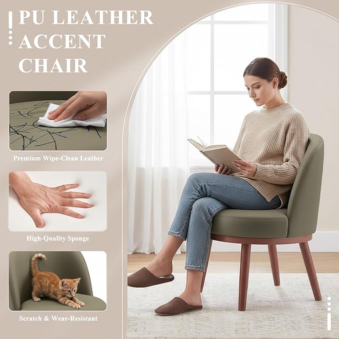 Accent Chair Set of 1 PU Leather Mid-Century Modern Chair for Small Space Comfy Upholstered Armless Chair for Living Room Bedroom Olive Green
