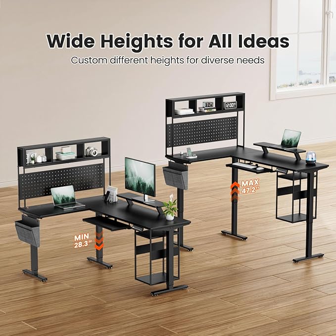 Flycity Electric L Shaped Standing Desk Adjustable Height 67 x 47 Corner Computer Desk with Host Shelf Gaming Desk with LED Lights &amp Power Outlet Dual Motor Home Office Desk with Storage Bla