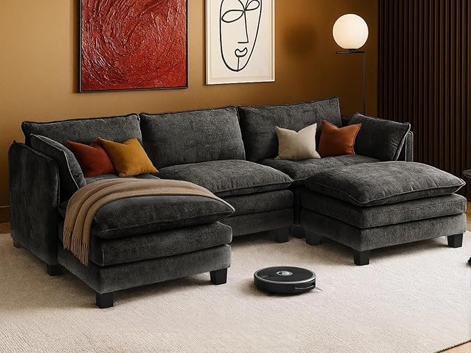 111” Modular Sectional Sofa L Shaped Cloud Couch with Ottoman Chenille Deep Seat Sofa with Pillow for Living Room Bedroom and Apartment5 Seats Grey