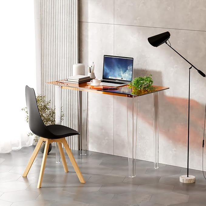 Modern Acrylic Desk for Home Office - Multi-Purpose Study Table with Extended Surface Sturdy Lightweight Design Transparent Orange Console &amp Entryway Table (42.5 Inch)