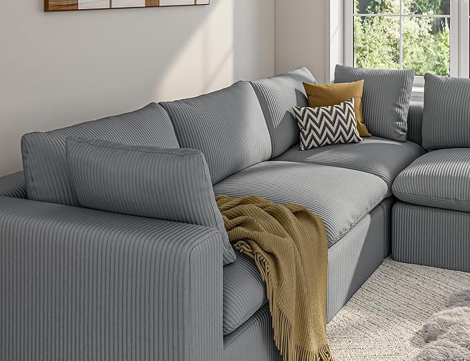 ARSURA 106” Cloud Couch for Living Room | L-Shaped Boneless Couch | Modular Sectional Couch | Corduroy Grey