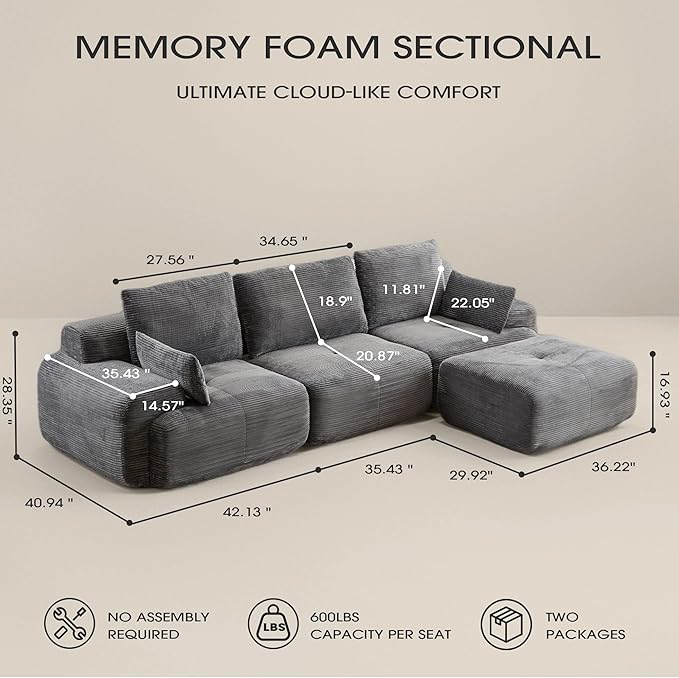 Round 113 L Shaped Sectional Couch Cloud Sofa with Ottoman for Living Room Corduroy Fabric Grey