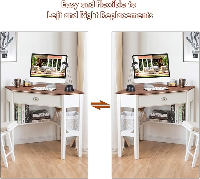 RELAX4LIFE Corner Computer Desk Triangle with Drawer and Shelves Stable Laptop PC Table Home Office Writing Desk Study Workstation Desk (Natural)