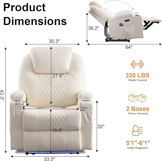 AHMED Power Recliner Chair with Vibration Massage &amp Heat for Adults Faux Leather Home Theater Seating with Cup Holders/LED Lights/USB Ports/Side Pockets for Living Room Beige