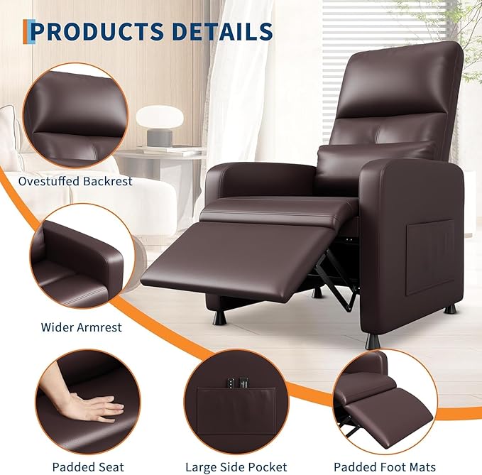 Power Recliner Chair Adjustable Electric Recliner Chair with Tall Back &amp Overstuffed Padding PU Leather Single Sofa with 2 Side Pockets &amp USB Port Home Theater Seating for Living Room Brow