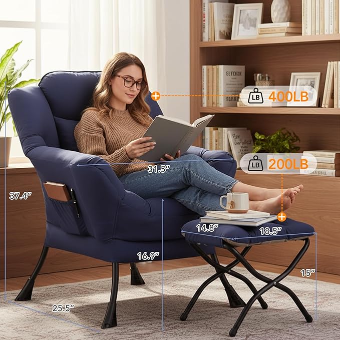 Lazy Chair with Ottoman Large Accent Chair with Ottoman and a Throw Pillow Navy Reading Chair for Living Room Bedroom Dorm Room Office Apartment Relaxing Use