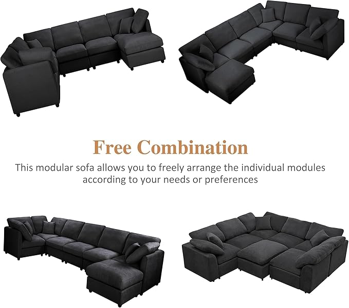 117 Modular Sectional SofaU Shaped Chenille Sofa Set with Movable OttomanModern 7-Seat Cloud Sectional Couches for Living Room Home Office (Black 117 U-7 Seater)