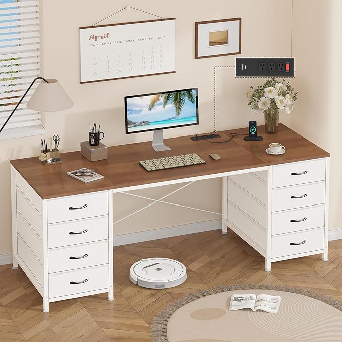 60 Inch Computer Desk with 8 Drawers Home Office Desk with Power Outlets Work Study Gaming Desk with 8 Fabric Drawers Brown and White