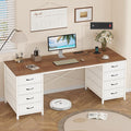 60 Inch Computer Desk with 8 Drawers Home Office Desk with Power Outlets Work Study Gaming Desk with 8 Fabric Drawers Brown and White