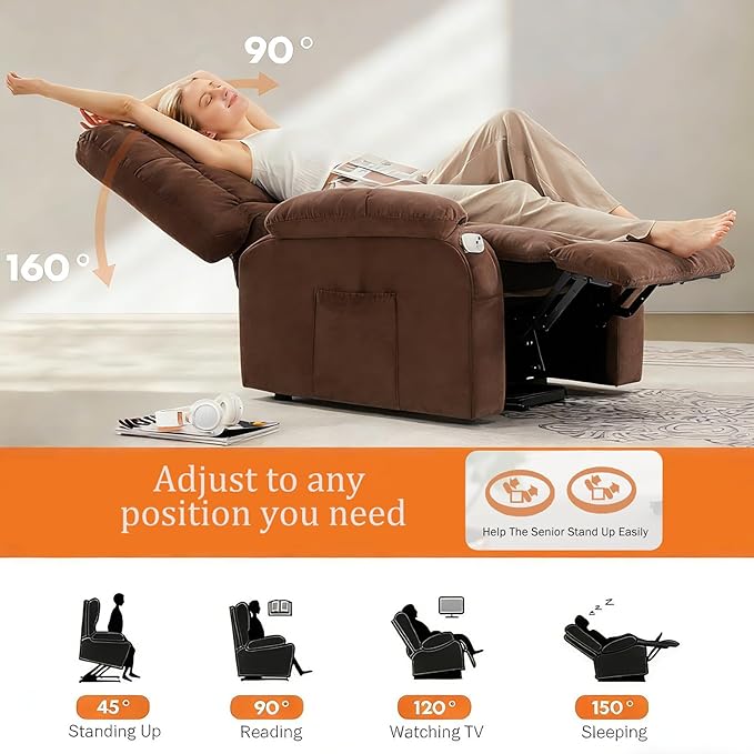 Power Lift Recliner Chair for Adult with Heated and Full Body Massage Glider Nursery Chair with Cup Holder and USB Charge Port Oversided Swivel Rocker Recliner for Living/Study/Bedroom Room Brown