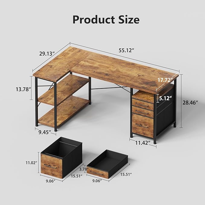 55 Computer Desk with Drawers Desks for Bedrooms Writing Desk with Storage Work Desk for Small Space Rustic Brown