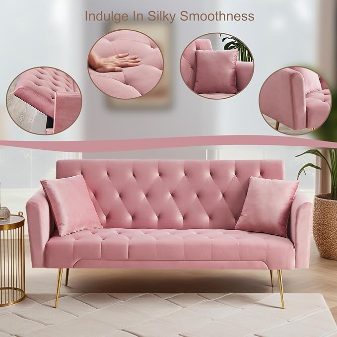Anwick Modern Velvet Sofa Bed Futon with 2 Pillows2-in 1 Convertible Sleeper Couch BedFolding Recliner Loveseat with Golden Metal Legs for Living Room Apartment Office (Pink)