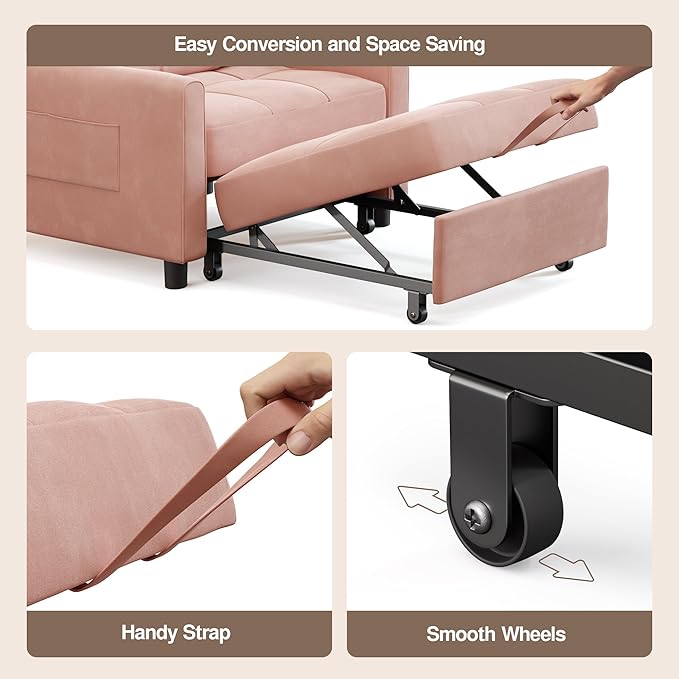 Ahomly Convertible Sleeper Chair Sofa Bed with 3-in-1 Design Adjustable Backrest and Storage Pocket for Living Room Pink
