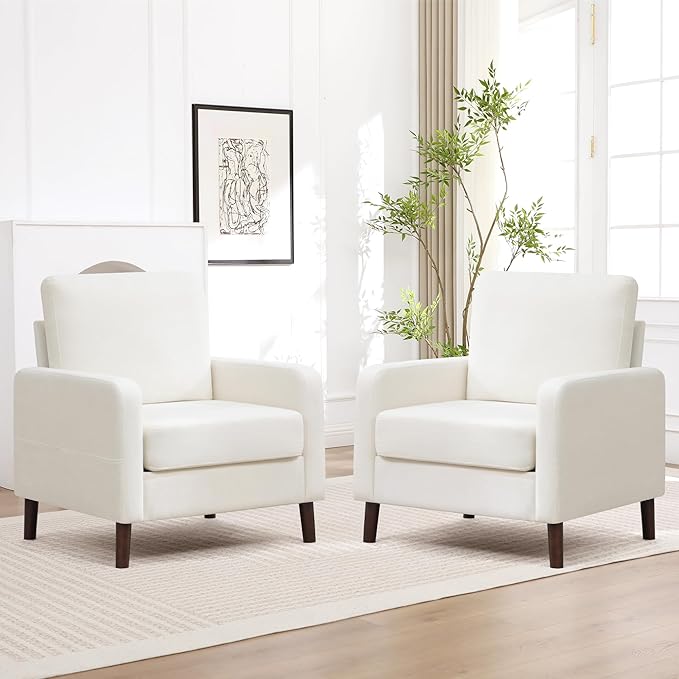 Accent Chair Set of 2 Upholstered Living Room Chairs with Wood Legs and Side Pockets Modern Reading Chair for Bedroom Armchair Single Sofa Side Chair for Office Small Room White