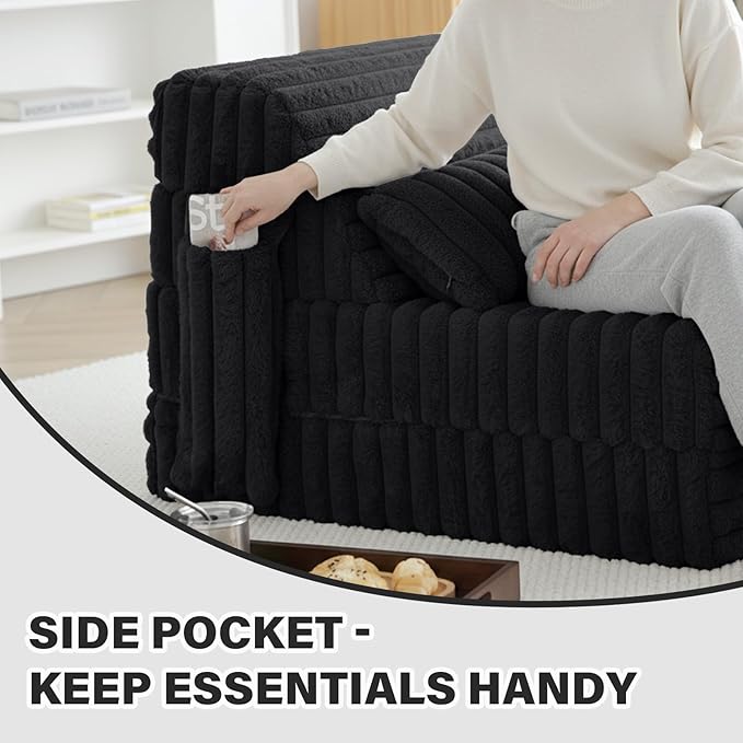 Tiita Folding Sofa Bed Single Size Convertible Sleeper Chair Mattress with Pillow Thick Corduroy Floor Mattress Couch Bed with Side Pocket Guest Room Dorm Apartment Black
