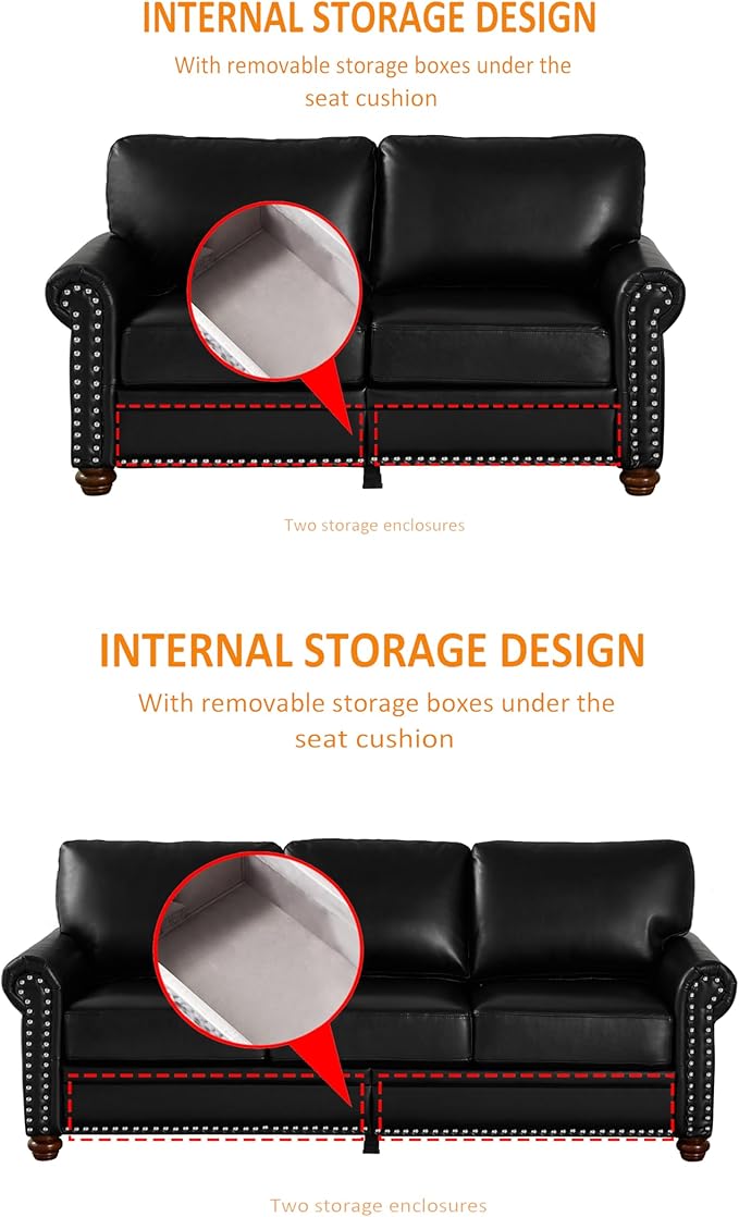 Faux Leather Sofa Set of 2: Love Seat +3 Seat Couch Underseat Storage Classic Sofa Elegance Rolled Armrests Nailhead Trim Wood Legs Classic Living Room Accent 2+3 Seat-Black