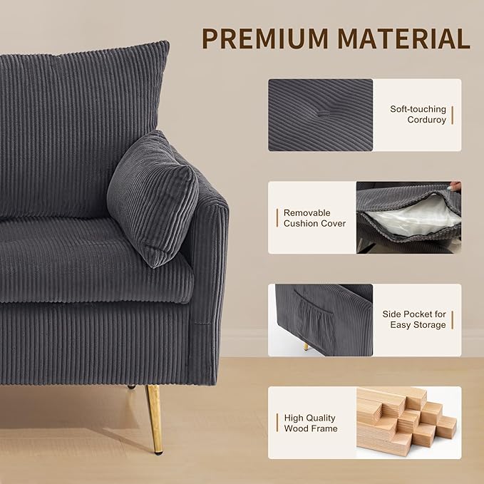 Furnimart 3-Piece Storage Sofa and Couch Set Corduroy Loveseat with 2pc Accent Single Chairs Small Living Room Furniture Set for Apartment Tiny Homes and Lofts 3PC-Gray