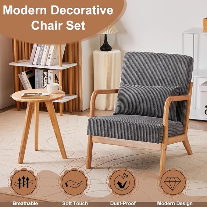 Mid-Century Accent Chair Upholstered Fabric Living Room Chair with Solid Wood Frame Modern Small Side Arm Chairs Comfy Wingback Reading Chair for Bedroom Office (Dark Grey A+Table)
