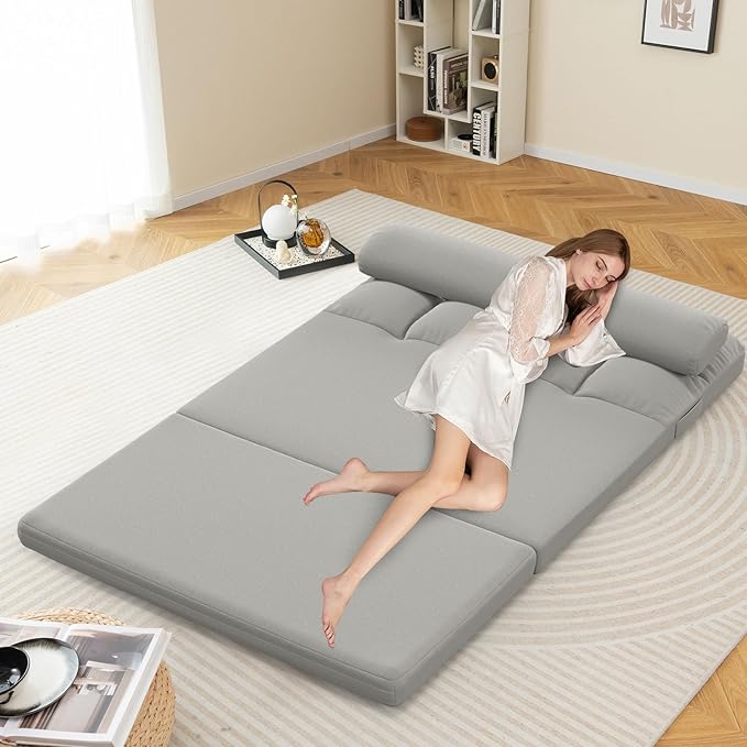 Giantex Floor Sofa Bed with 2 Pillows Convertible Sofa Couch w/ 6 Positions Adjustable Backrest Velvet Cover Folding Lazy Sleeper Sofa for Living Room Bedroom Guest Room (Light Grey)