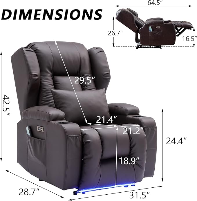 SAMERY Power Recliner Chair Electric Wall Hugger Recliners with Massage &amp Heat Comfy Reclining Sleeper Chair Movie Sofa Home Theater Seat with Cup Holders/USB Port/LED Light/Lumbar Pillow/Remote