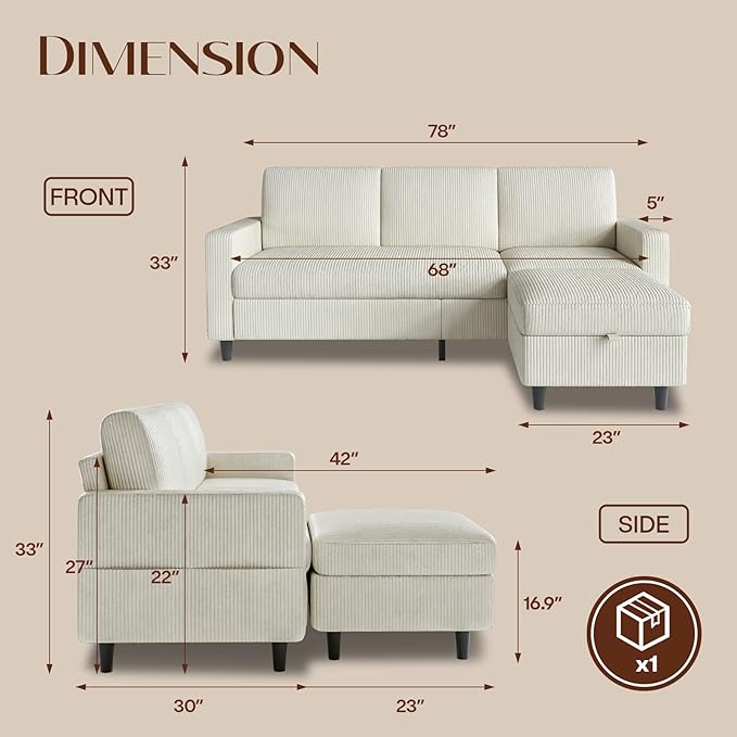 Sectional Couches for Living Room L Shaped Couch with Storage Ottoman Small Sofa Corduroy Couch with Side Pockets Modern 3 Seater Convertible Sofa for Apartment Office Beige