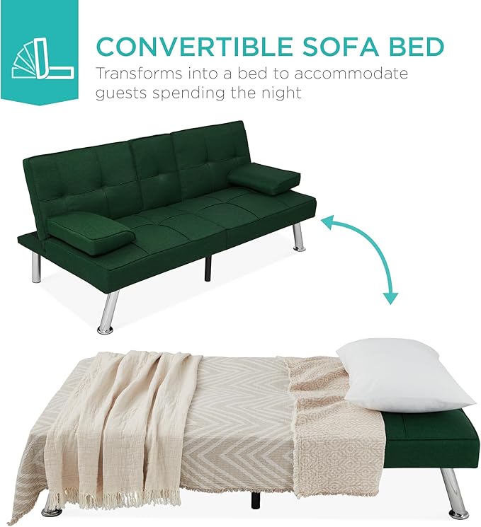 Best Choice Products Linen Modern Folding Futon Reclining Sofa Bed for Apartment Dorm w/Removable Armrests 2 Cupholders - Dark Green