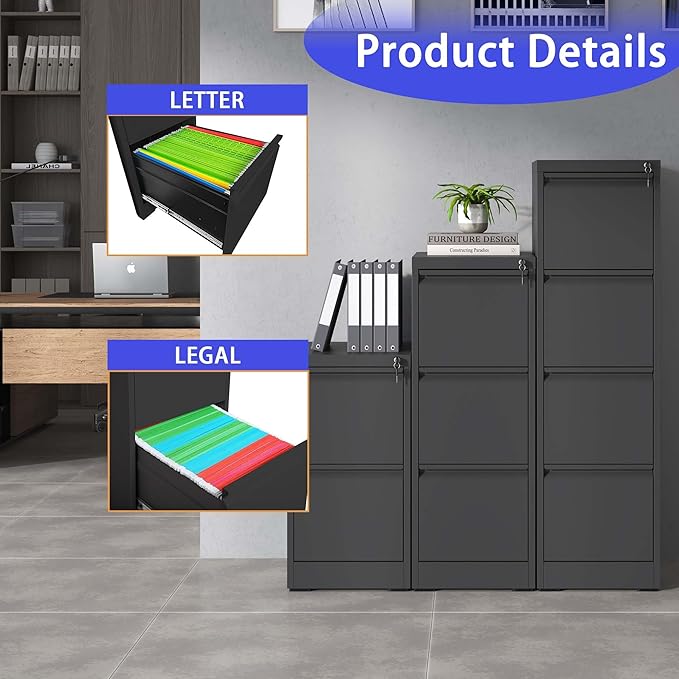 3 Drawer Metal Vertical File Cabinet with Lock Office Home Steel Vertical File Cabinet for A4 Legal/Letter Size (Black)