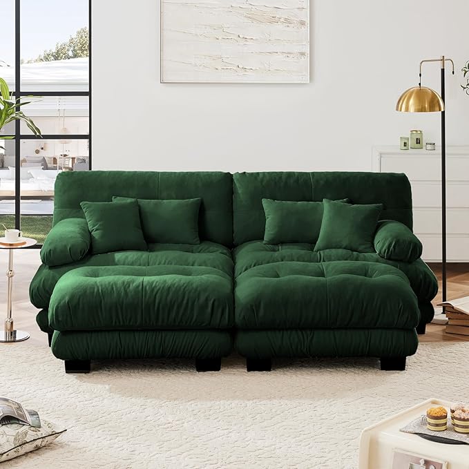 94.4 Modular Sectional Sofa Cloud Couch Chenille Deep Seat Loveseat w/ 2 Movable Ottoman U Shaped 2 Seater Small Couches for Small Spaces Sectional Couches for Living Room Apartment (Green)