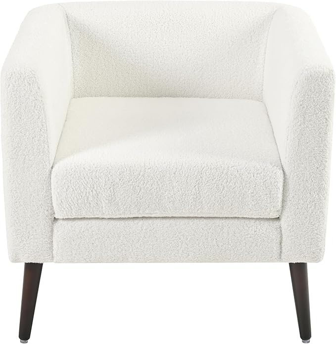 Modern Upholstered Accent Chair Mid-Century Lounge Armchair with Pillow Comfy Reading Side Accent Chairs Single Sofa Chair with Wood Legs for Living Room Bedroom (White+Teddy)
